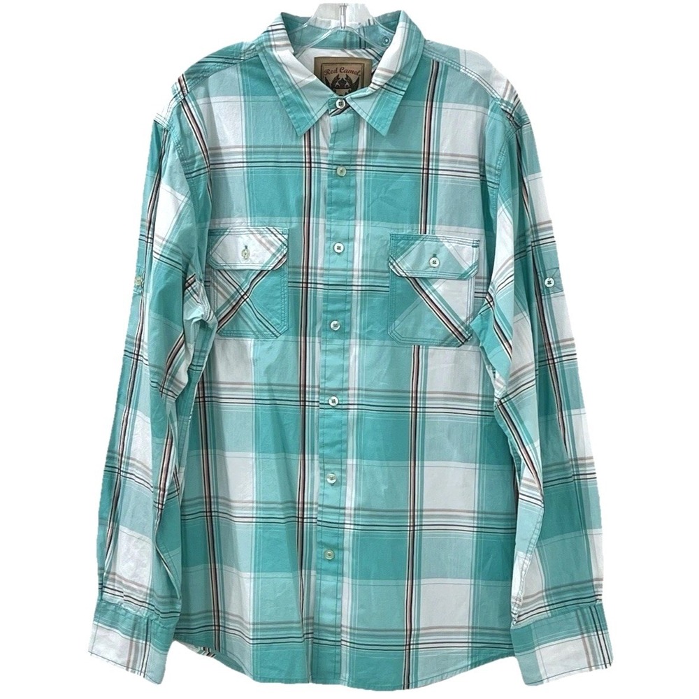 Red Camel Men's Shirt XL Turquoise Green Plaid Long Sleeve Roll Tab Button Front